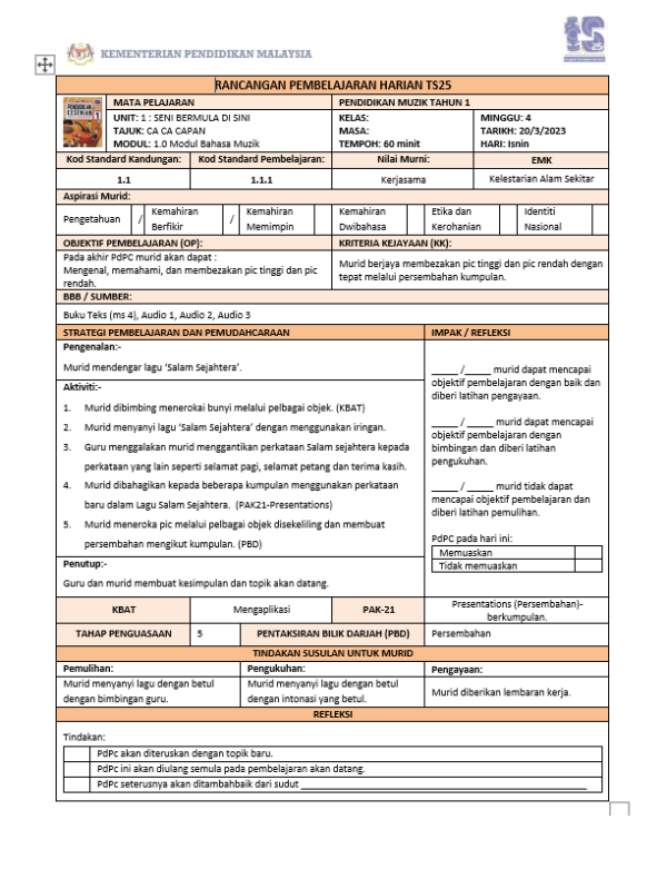 RPH Pendidikan Muzik Tahun 1 - Version 1 (RPH TS25)