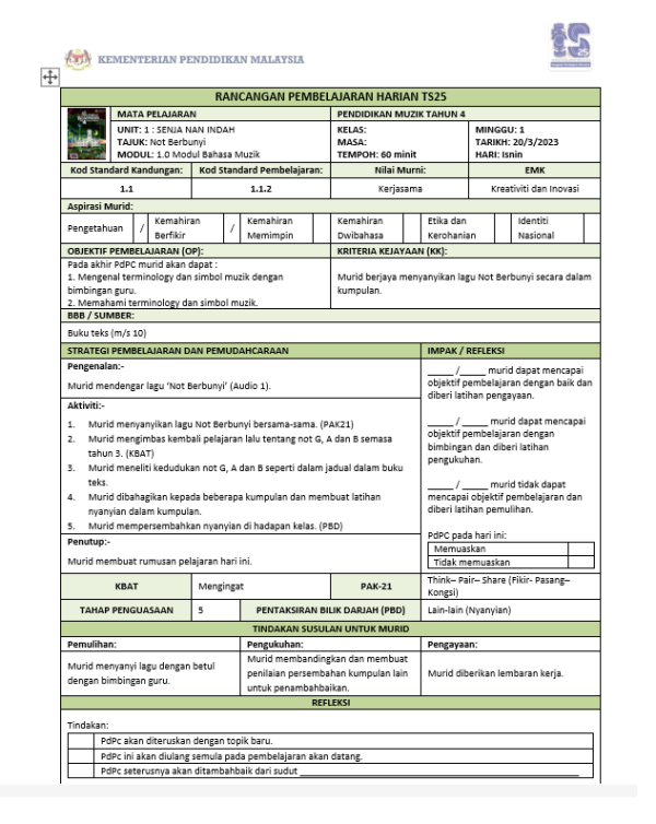 RPH Pendidikan Muzik Tahun 4 - Version 1 (RPH TS25)