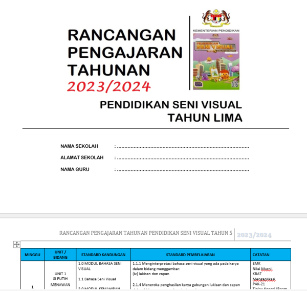 RPH Pendidikan Seni Visual Tahun 5 - Version 1 (RPH TS25)