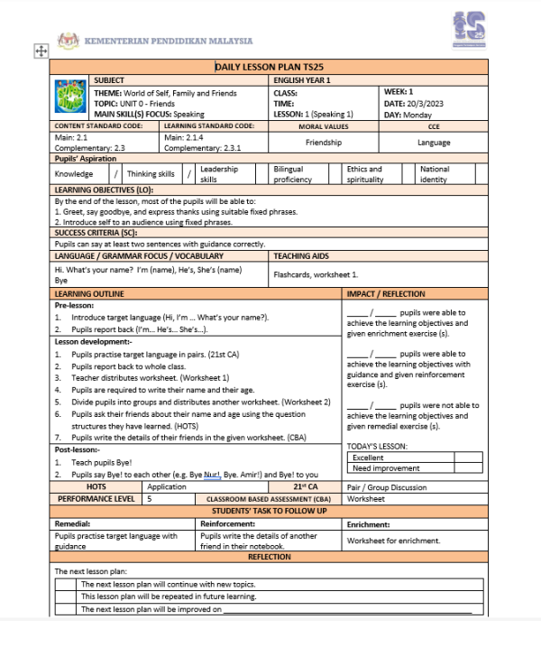 RPH Bahasa Inggeris Tahun 1 - Version 1 (RPH TS25)