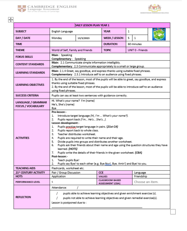 RPH Bahasa Inggeris Tahun 1 - Version 2 (RPH PAK21)
