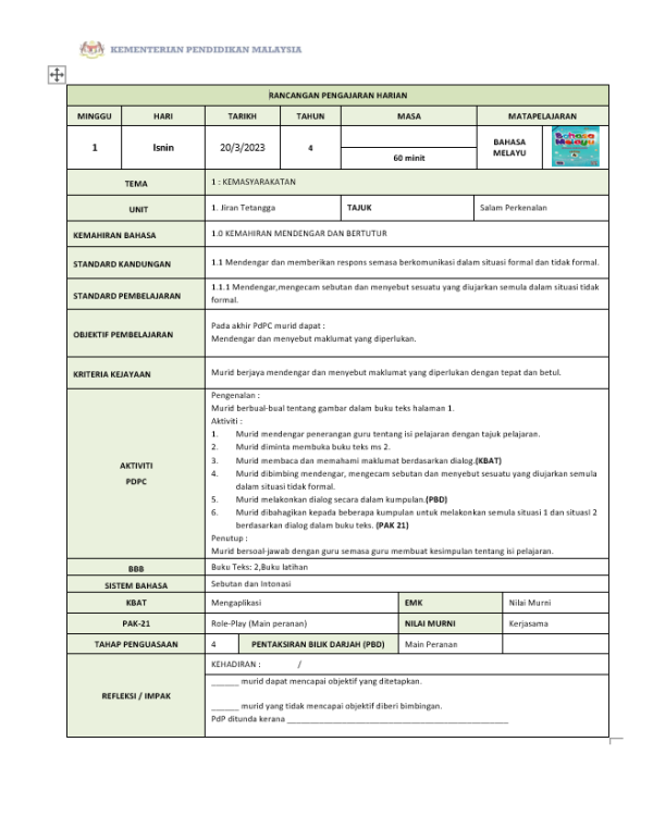 RPH Bahasa Melayu Tahun 4 - Version 2 (RPH PAK21)