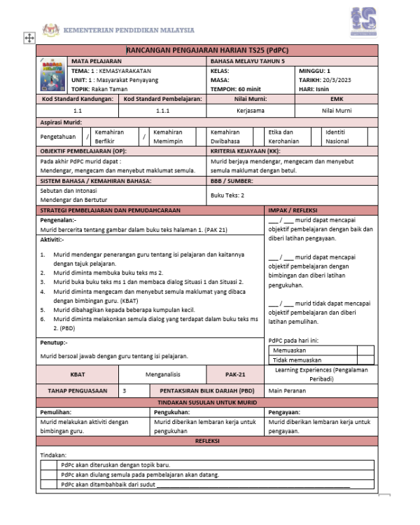 RPH Bahasa Melayu Tahun 5 - Version 1 (RPH TS25)