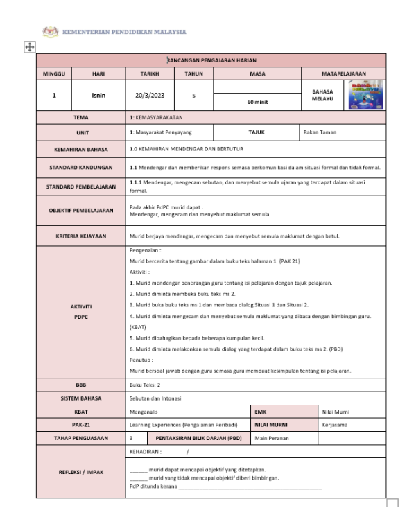 RPH Bahasa Melayu Tahun 5 - Version 2 (RPH PAK21)