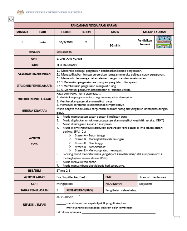 RPH Pendidikan Jasmani Tahun 2 - Version 2 (RPH PAK21)