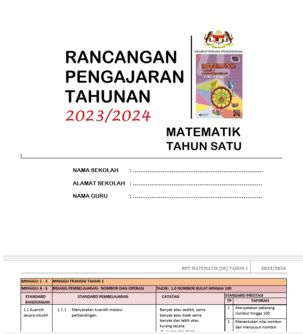 RPH Matematik Tahun 1 - Version 1 (TS25)