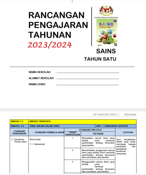 RPH Sains Tahun 1 - Version 1 (RPH TS25)