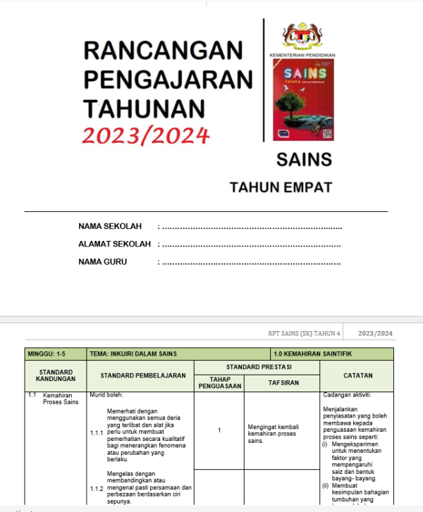 RPH Sains Tahun 4 - Version 1 (RPH TS25)