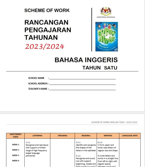RPH Bahasa Inggeris Tahun 1 - Version 1 (RPH TS25)