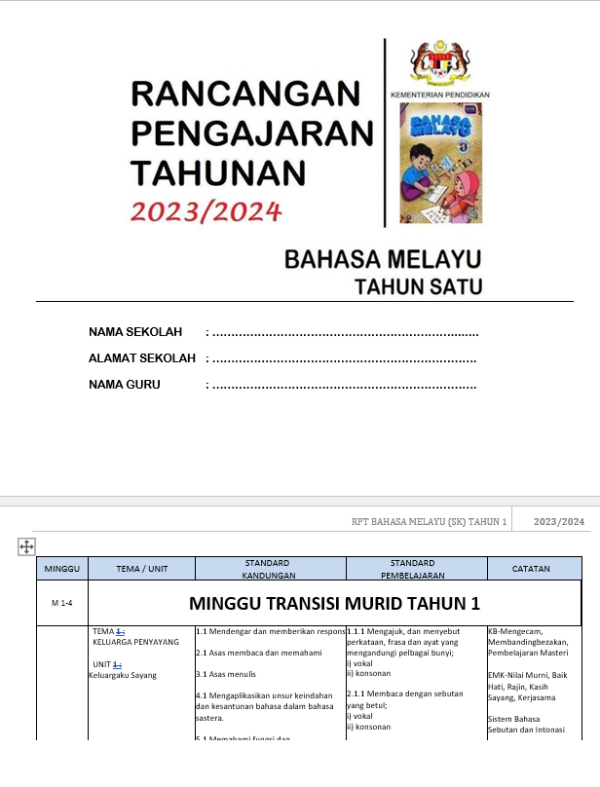 RPH Bahasa Melayu Tahun 1 - Version 1 (RPH TS25)