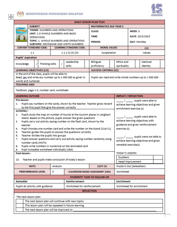RPH Mathematics DLP Year 5 - Version 1 (RPH TS25)