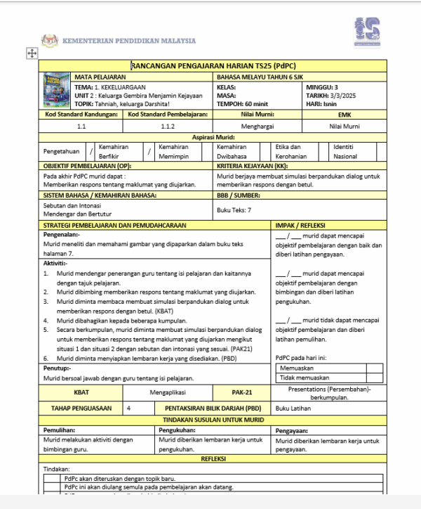 RPH Bahasa Melayu Tahun 6 2025/2026 (SJK) - Version 1 (RPH TS25) - Image 2