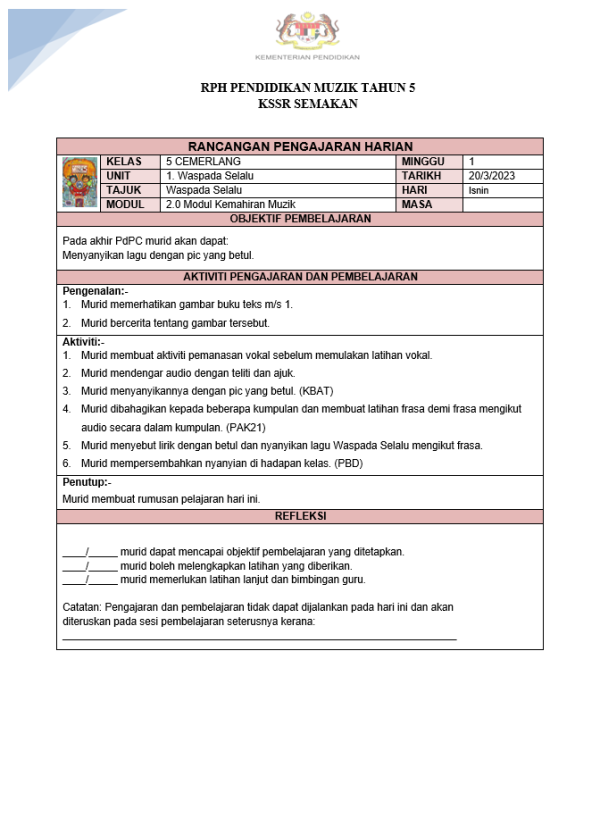 RPH Pendidikan Muzik Tahun 5 - Version 3 (RPH 3E)