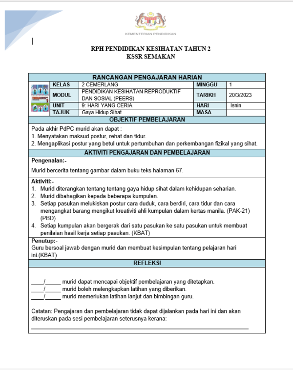 RPH Pendidikan Kesihatan Tahun 2 - Version 3 (RPH 3E)