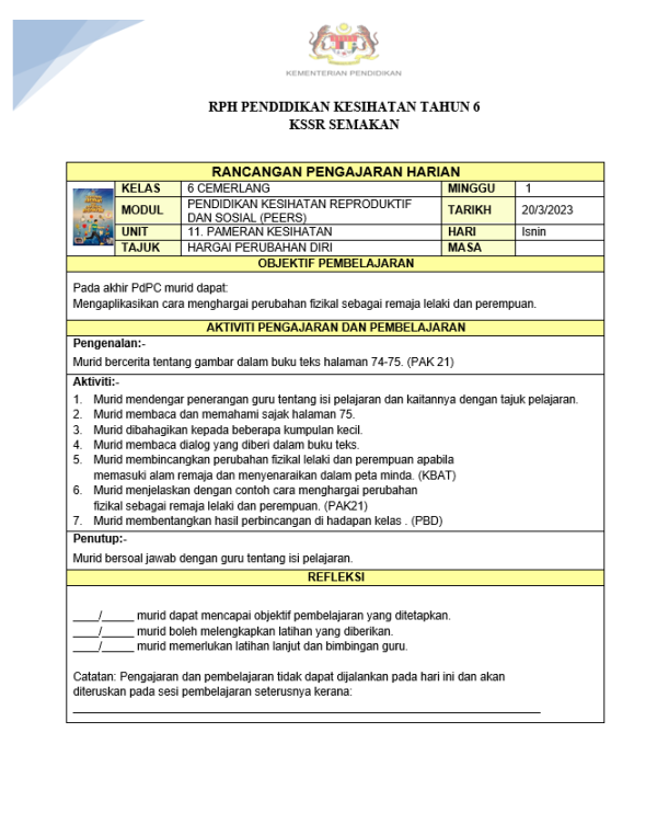RPH Pendidikan Kesihatan Tahun 6 - Version 3 (RPH 3E)