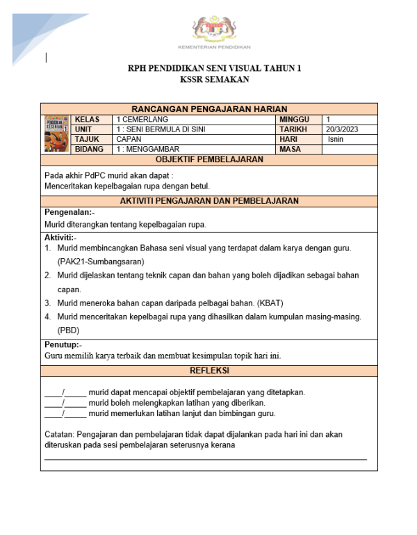 RPH Pendidikan Seni Visual Tahun 1 - Version 3 (RPH 3E)