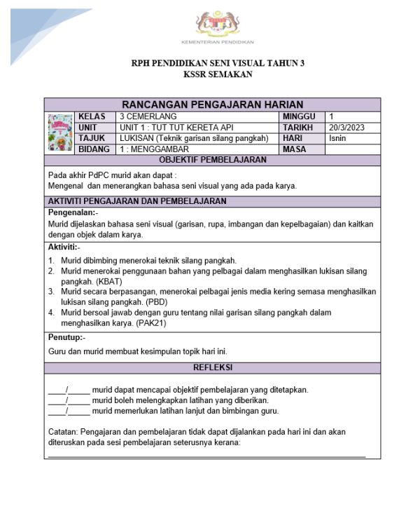 RPH Pendidikan Seni Visual Tahun 3 - Version 3 (RPH 3E)