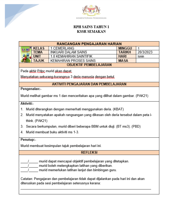RPH Sains Tahun 1 - Version 3 (RPH 3E)