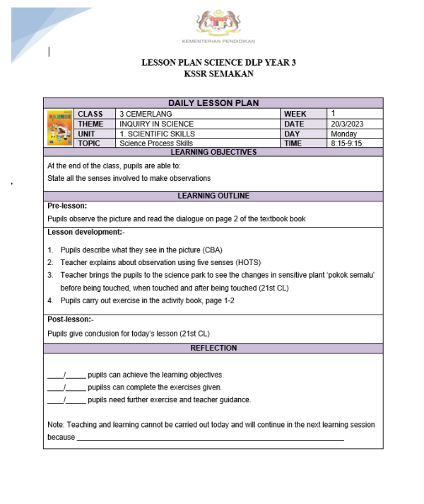 RPH Science DLP Year 3 - Version 3 (RPH 3E)