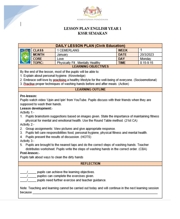 RPH Bahasa Inggeris Tahun 1 - Version 3 (RPH 3E)