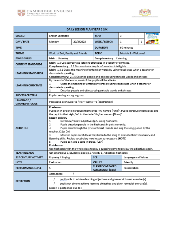 RPH Bahasa Inggeris Tahun 3 (SJK) - Version 2 (RPH PAK21)
