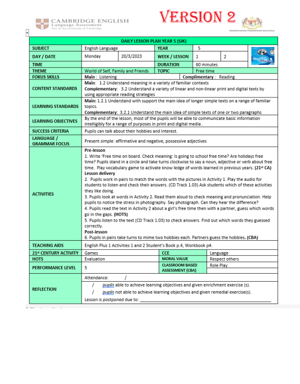 RPH Bahasa Inggeris Tahun 5 (SJK) - Version 2 (RPH PAK21)