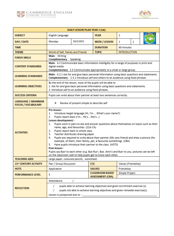 RPH Bahasa Inggeris Tahun 2 (SJK) - Version 2 (RPH PAK21)