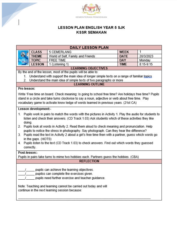 RPH Bahasa Inggeris Tahun 5 (SJK) - Version 3 (RPH 3E)