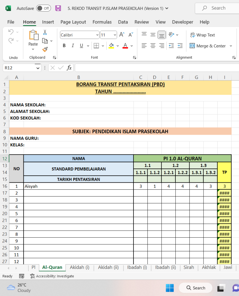 Borang Transit PBD Pendidikan Islam Pra Sekolah SK BORANG TRANSIT PBD