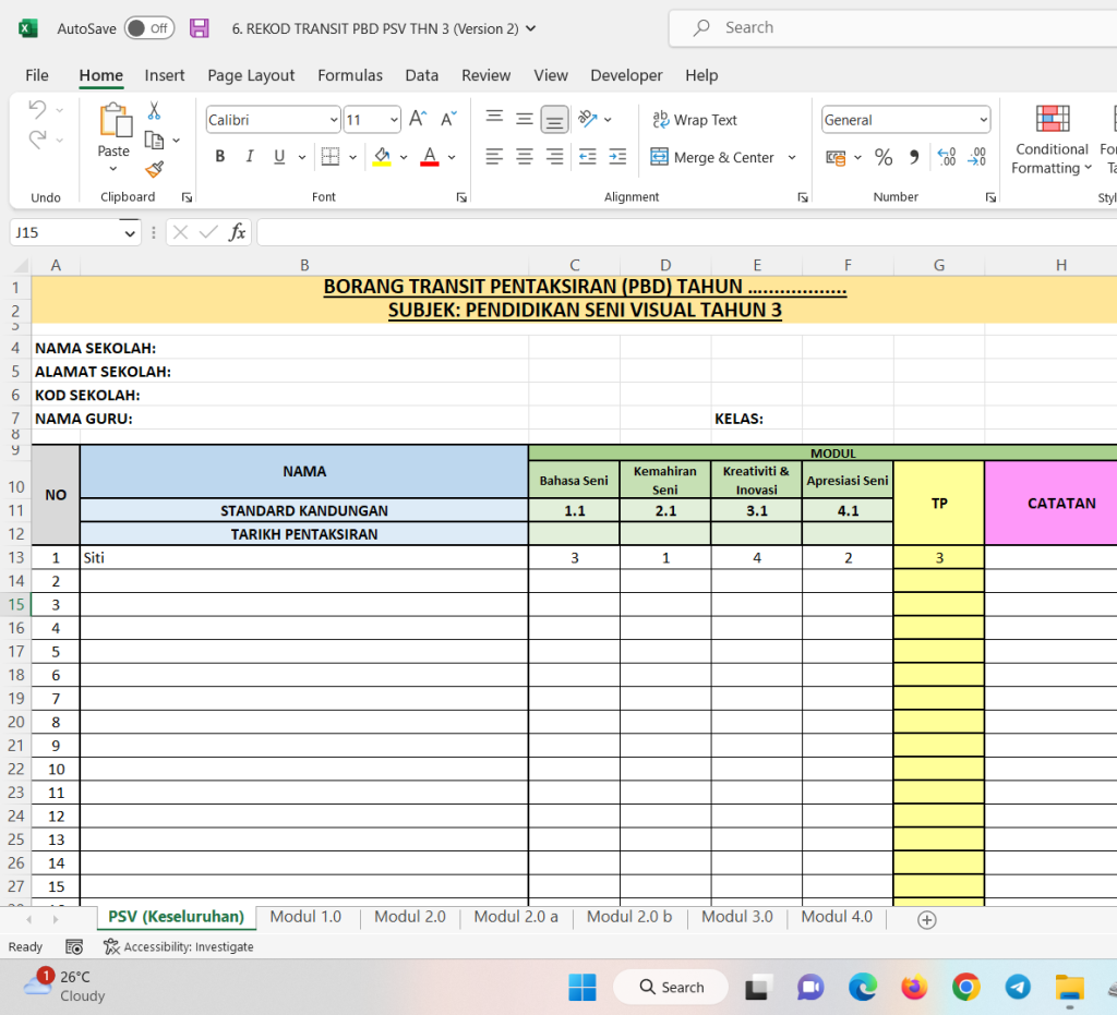 Borang Transit PBD Pendidikan Seni Visual Tahun 3 SK BORANG TRANSIT