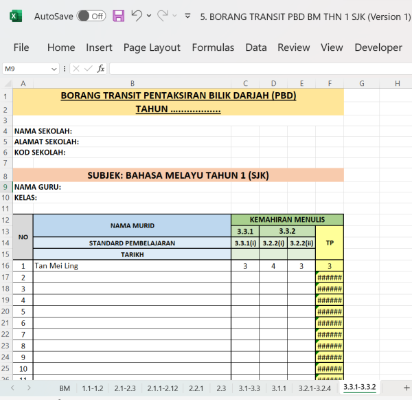 Borang Transit PBD Bahasa Melayu Tahun 1 SJK