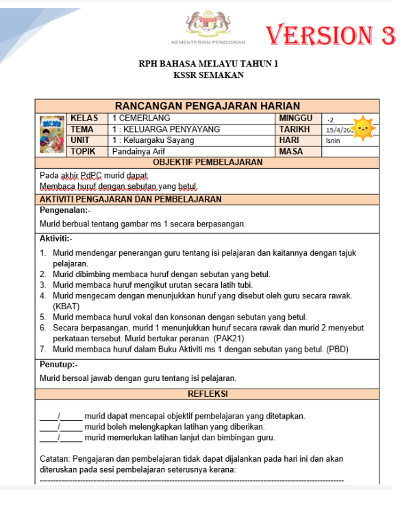 RPH Bahasa Melayu Tahun 1 2024/2025 - Version 3 (RPH 3E)