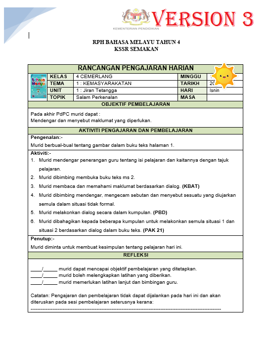 RPH Bahasa Melayu Tahun 4 2024/2025 - Version 3 (RPH 3E)