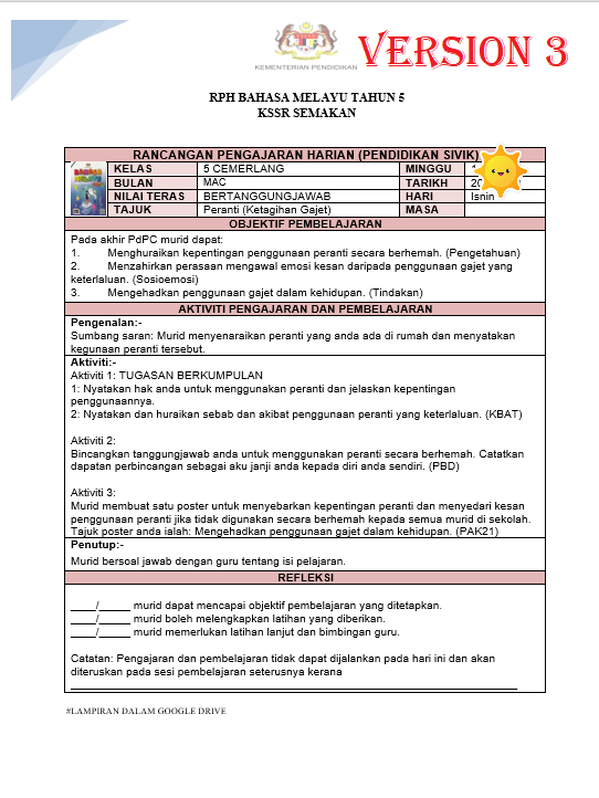 RPH Bahasa Melayu Tahun 5 2024/2025 - Version 3 (RPH 3E)