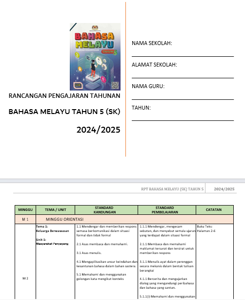 RPH Bahasa Melayu Tahun 5 2024/2025 - Version 1 (RPH TS25)