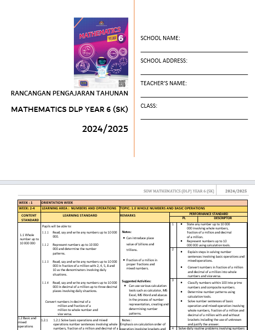 RPH Mathematics DLP Year 6 2024/2025 - Version 1 (RPH TS25)