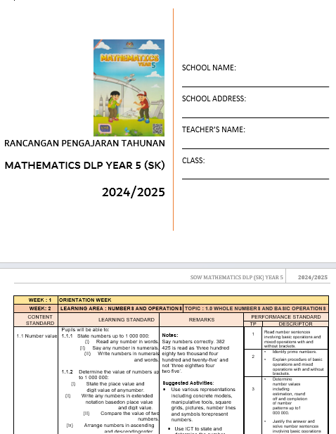 RPH Mathematics DLP Year 5 2024/2025 - Version 1 (RPH TS25)