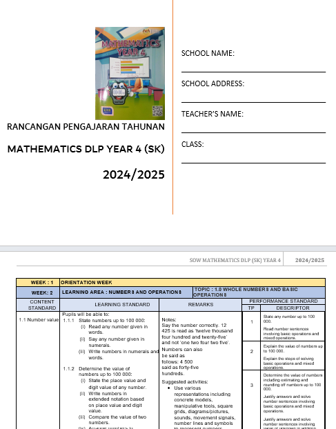 RPH Mathematics DLP Year 4 2024/2025 - Version 1 (RPH TS25)