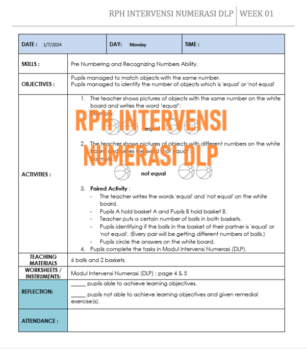 RPH Program Intervensi Tahun 1 (NUMERASI DLP)