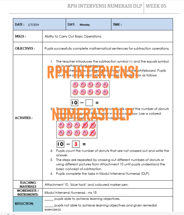 RPH Program Intervensi Tahun 1 (NUMERASI DLP)