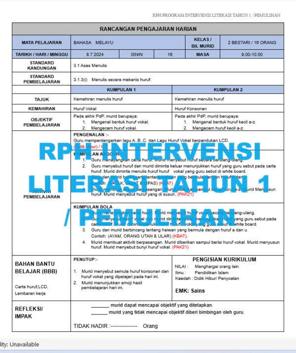 RPH Program Intervensi Tahun 1 (LITERASI & PEMULIHAN)