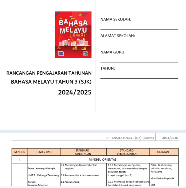 RPH Bahasa Melayu Tahun 3 2024/2025 (SJK) - Version 1 (RPH TS25)