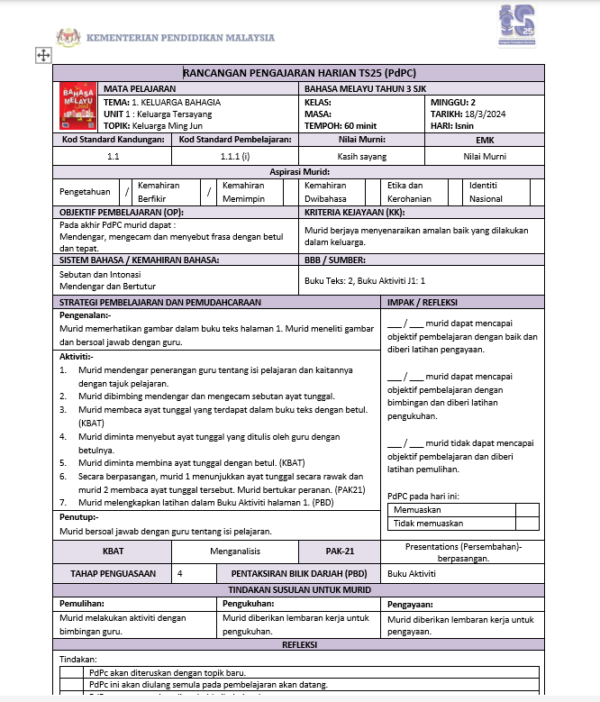 RPH Bahasa Melayu Tahun 3 2024/2025 (SJK) - Version 1 (RPH TS25)