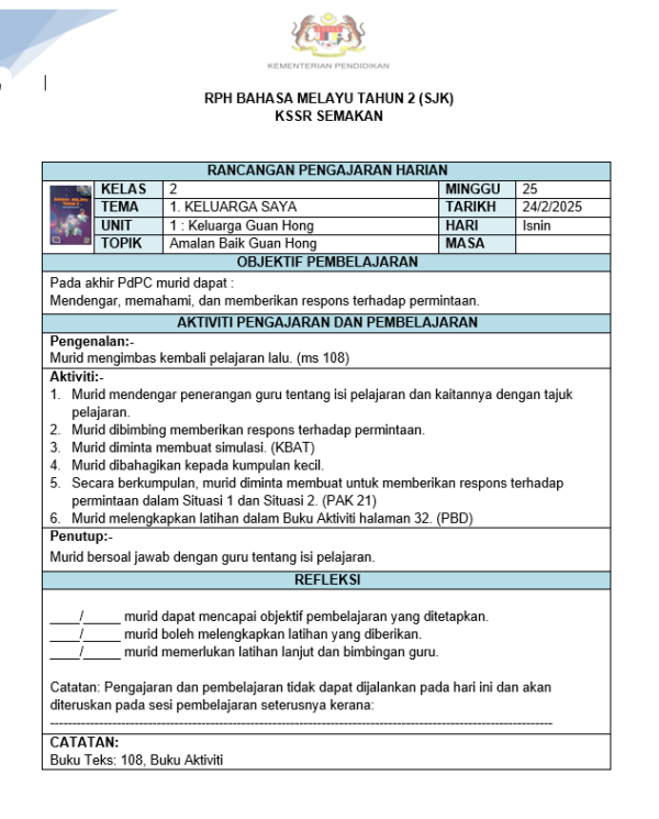 RPH Bahasa Melayu Tahun 2 2025/2026 (SJK) - Version 3 (RPH 3E) - Image 2