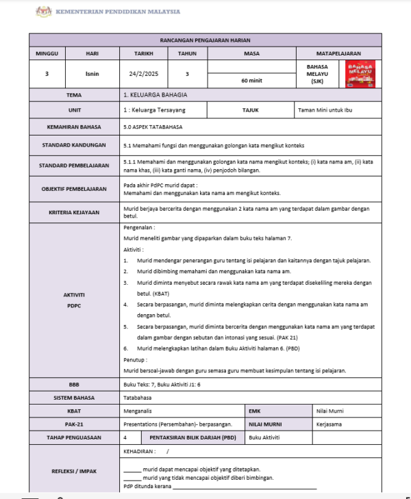 RPH Bahasa Melayu Tahun 3 2025/2026 (SJK) - Version 2 (RPH PAK21) - Image 2