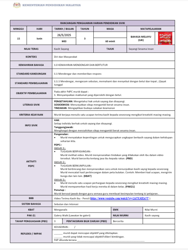 RPH Bahasa Melayu Tahun 3 2025/2026 (SJK) - Version 2 (RPH PAK21) - Image 3