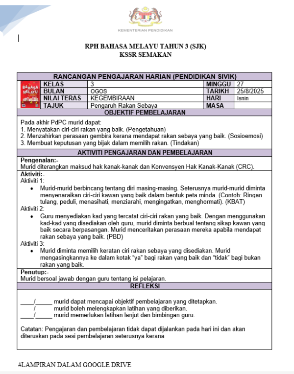 RPH Bahasa Melayu Tahun 3 2025/2026 (SJK) - Version 3 (RPH 3E) - Image 3