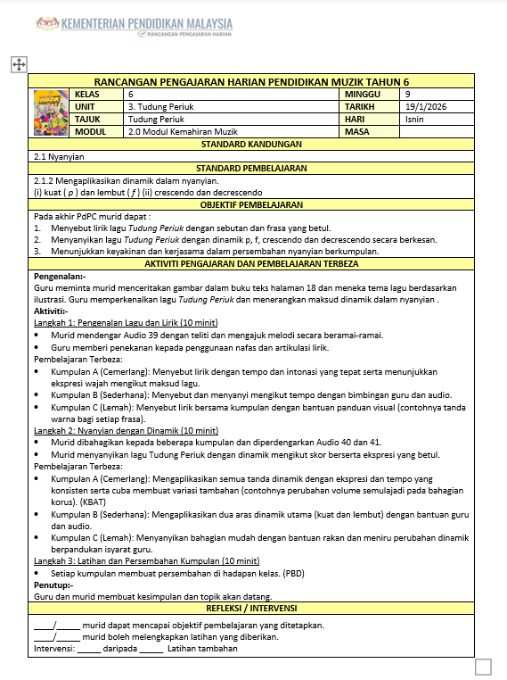 RPH Pendidikan Muzik Tahun 1 2026 - Version 3 (RPH TERBEZA) RPH Pendidikan Muzik Tahun 6 2026 - Version 3 (RPH TERBEZA) - Image 2