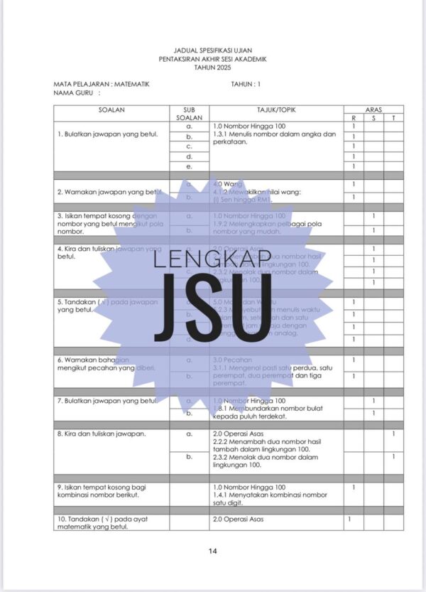 PASA - Matematik Tahun 1 2025/2026 (Set 1) - Image 2