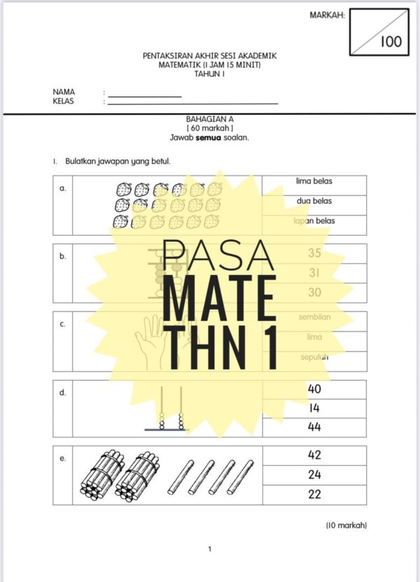 PASA - Matematik Tahun 1 2025/2026 (Set 1) - Image 3